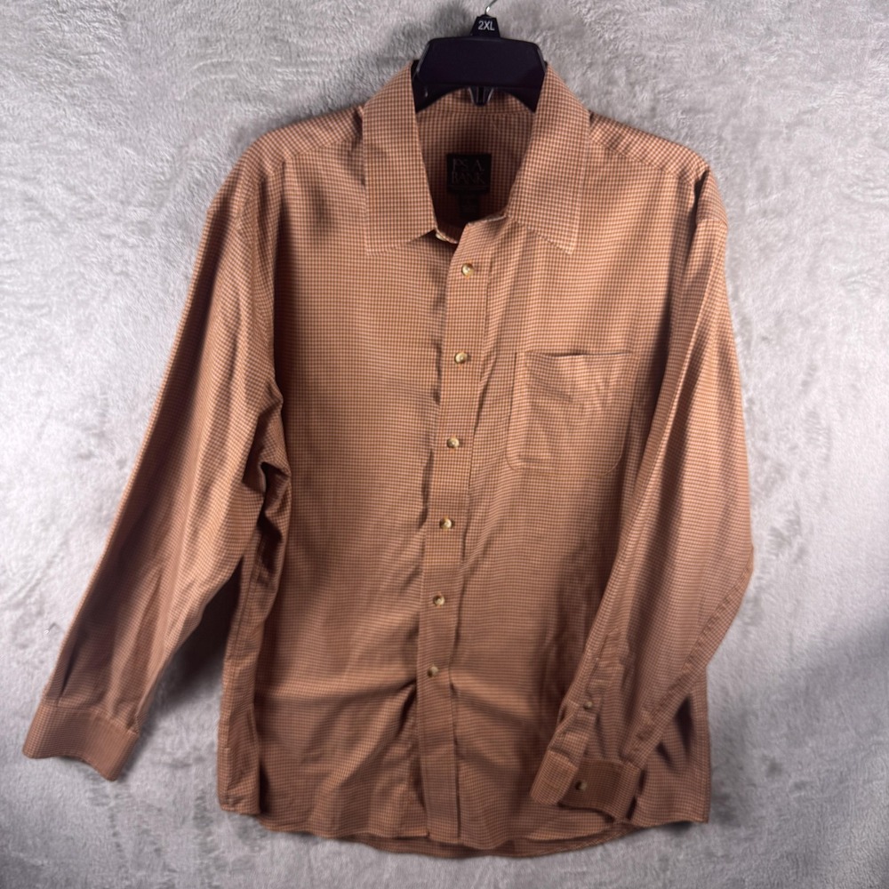 Jos A Bank Shirt Mens Large Orange Gingham Long Sleeve Tailored Fit Travelers